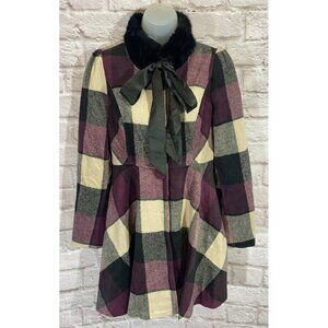 NEW Ryu Plaid Coat Women M Tailored Trench Wool Blend Fit Flare‎ Faux Fur Collar
